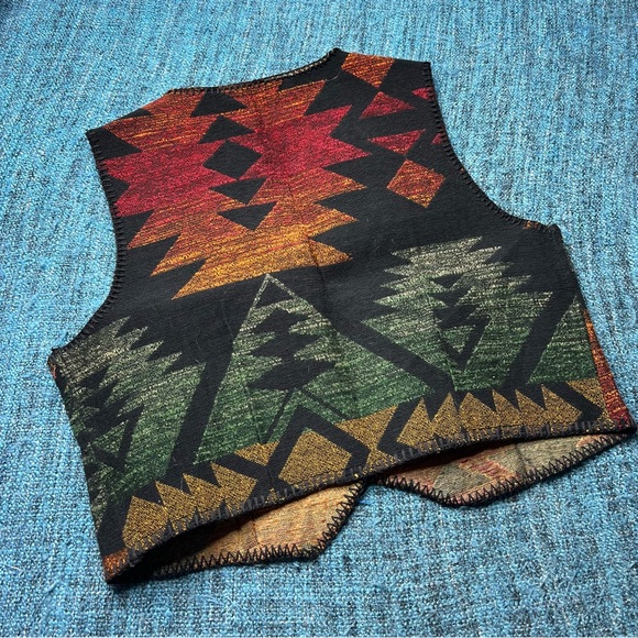 Vintage Kenny Rogers Western Aztec Vest 3 Button Green Orange Red - Picture 3 of 4